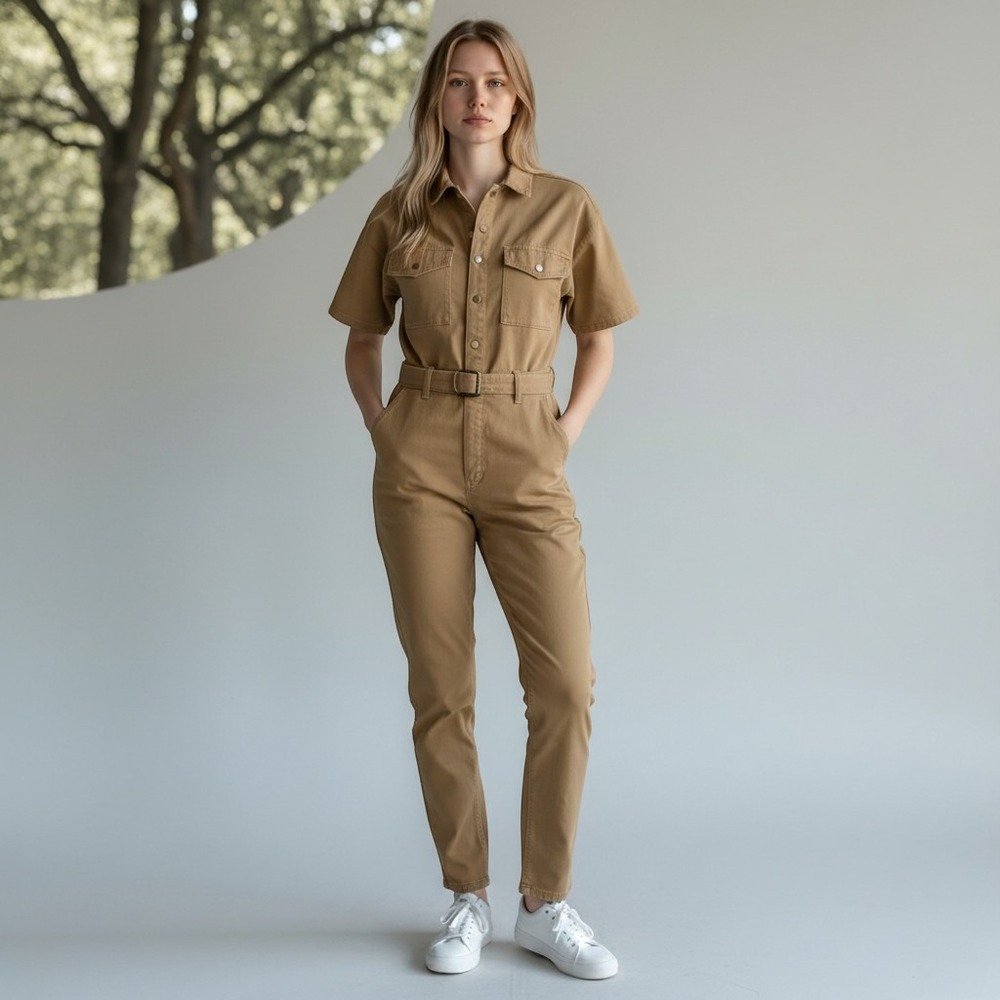 Miou Muse Womens Khaki Tan Utility Jumpsuit Belted Snap Front Boiler Suit Large